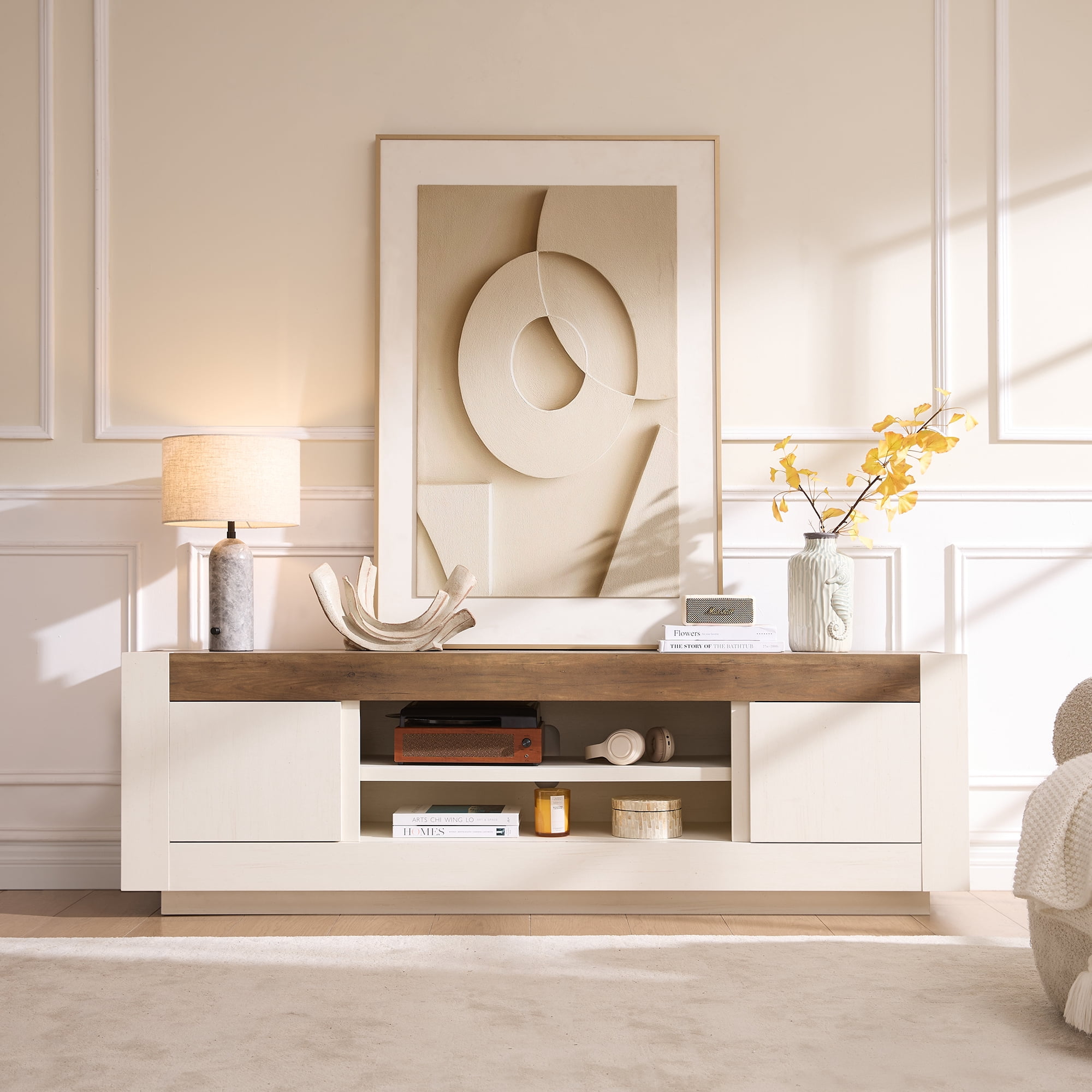 KeyWhat 70" Modern Low Profile TV Stand for TVs up to 80", Open Storage & Adjustable Shelves
