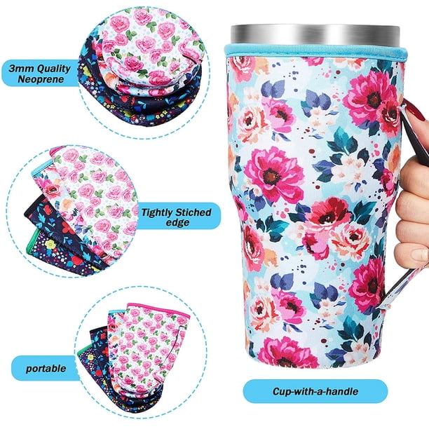 4 piezas de fundas para tazas de café, coloridas fundas para tazas, fundas para bebidas, patrón de flores para bebidas frías y calientes de 30 a 32 onzas, 4 estilos