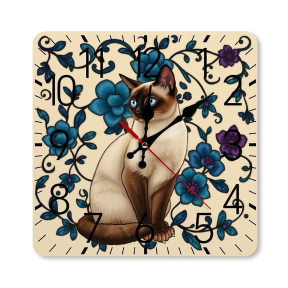 RKSupls 10×10inch Square Silent Wall Clock Wooden Frame, Siamese Cat Floral Scale Decorative Clock for Home Bedroom Living Room Office