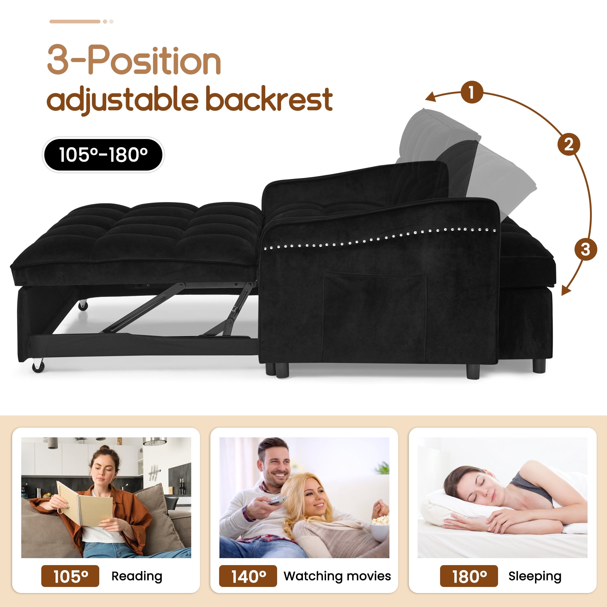 Lunale Pull Out Sofa Bed, Loveseat Sleeper with USB/Type-C, Adjust Back, Convertible Sleeper Sofa for Living Room/Apartment, Black Velvet