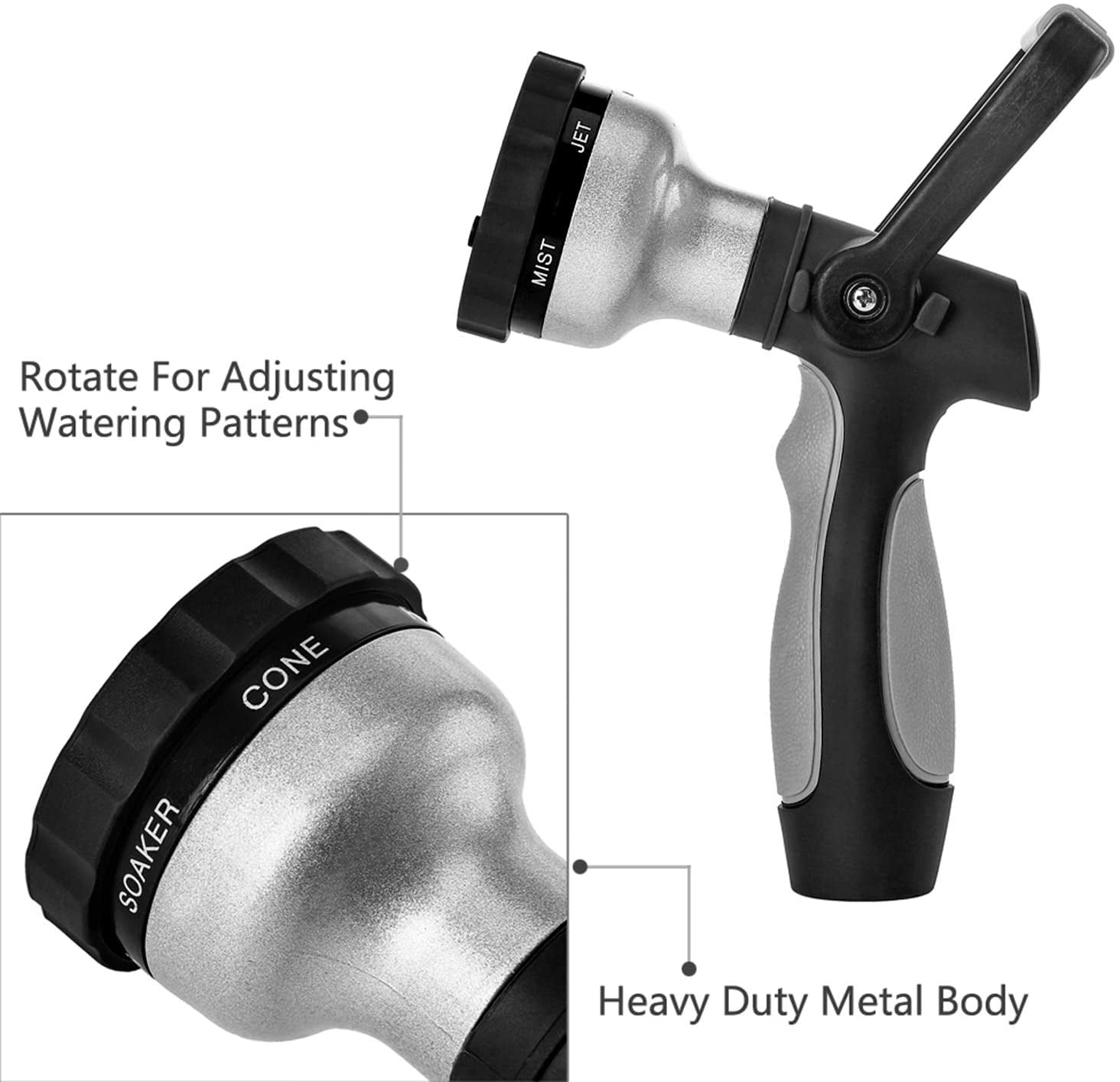 GREEN MOUNT New Patent Garden Hose Nozzle, Heavy Duty Water Nozzle, High Pressure Fireman Style Nozzle with Ergonomic Handle for Women and Children to Water Lawn and Garden, Black Grey