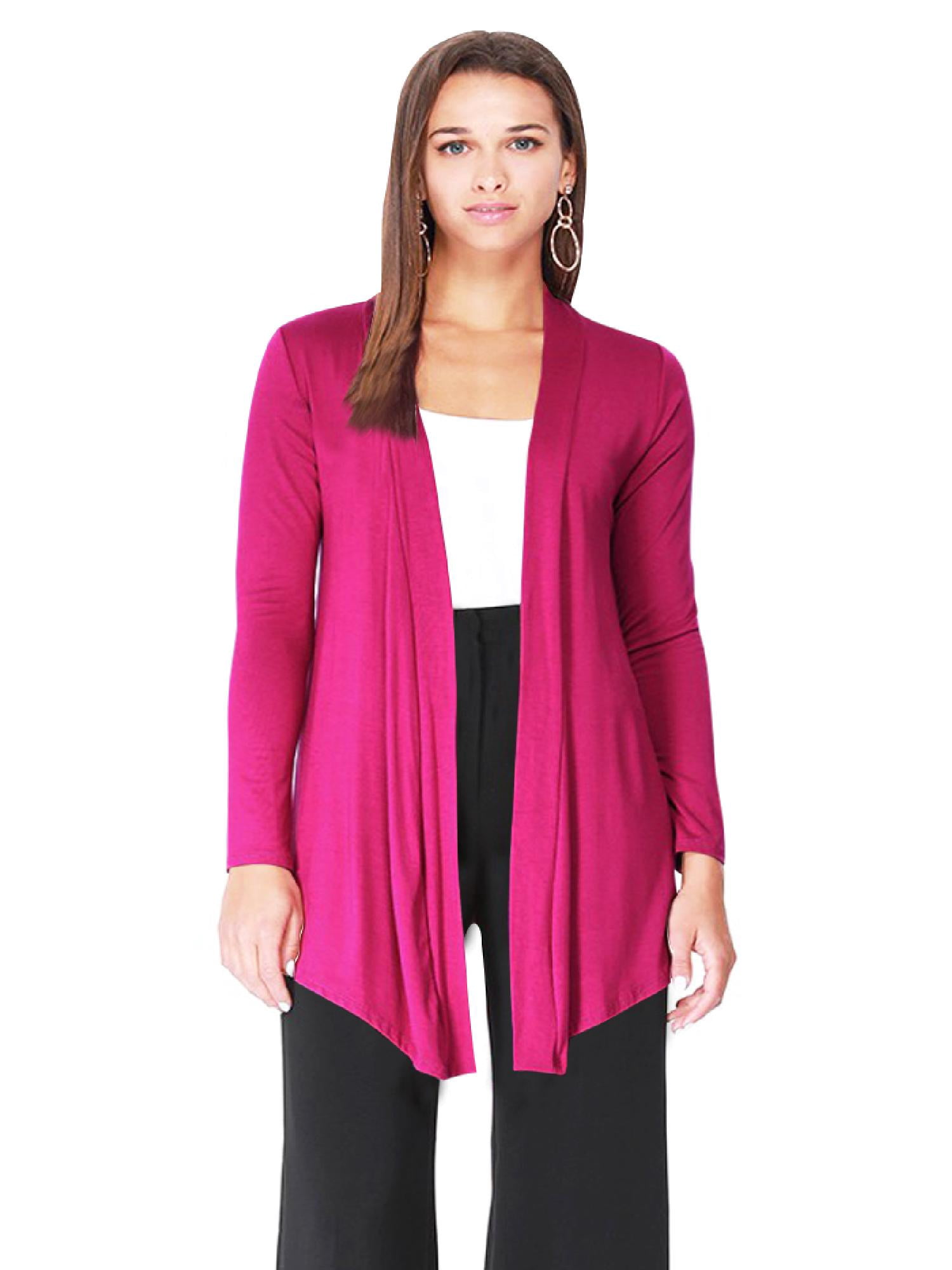 Women's Moa Collection Women's Solid Basic Open Draped Front Long Sleeve Relaxed Cardigan Sweater Magenta X-Large (14-16) Pink Magenta Rayon