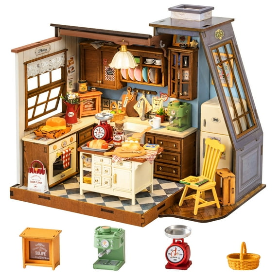 ROBOTIME Baking Kitchen DIY Miniature House Kit,Mini Wooden Dollhouse Building Sets for Home Decor,Tiny House Craft Kits Gift for Adults Teens