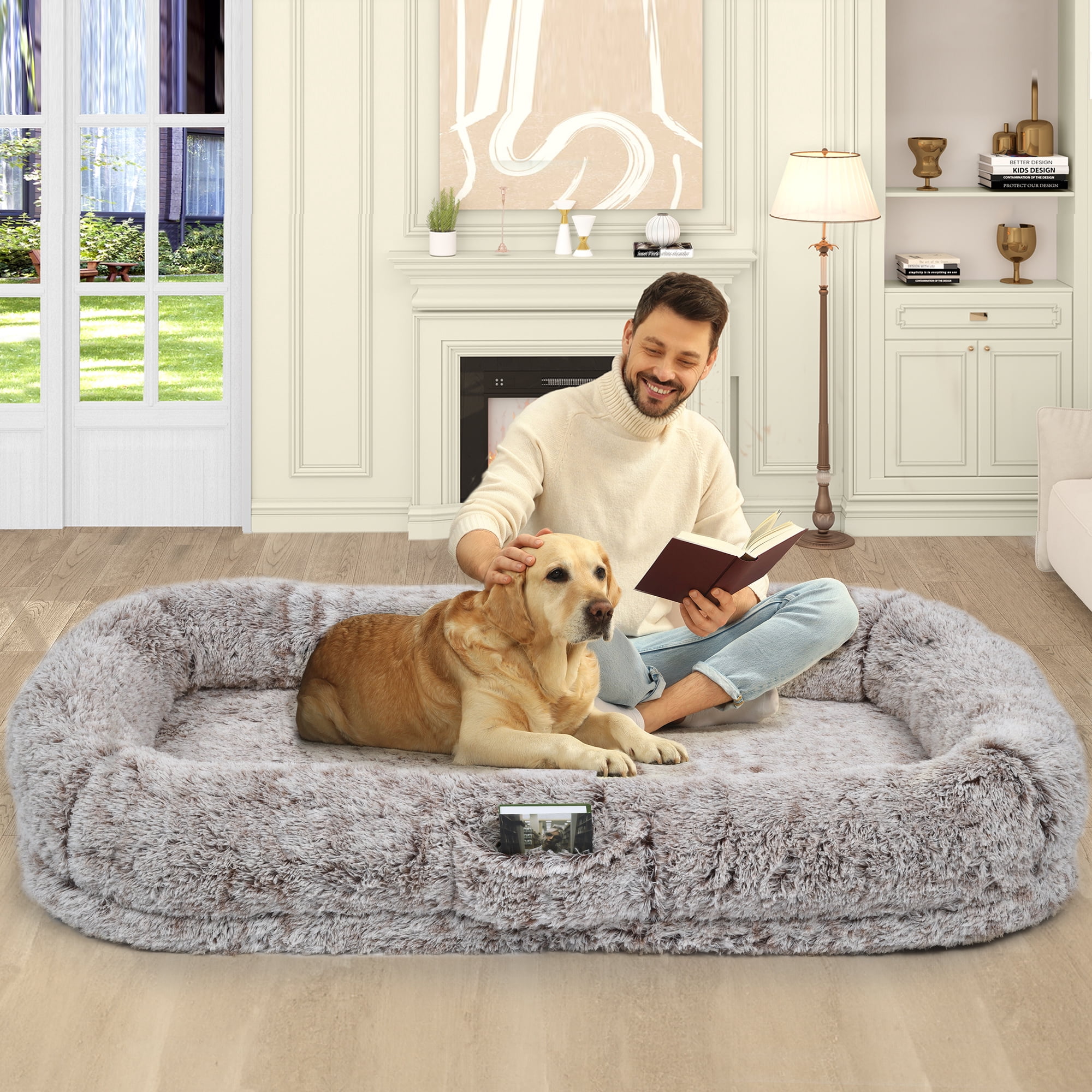 Uforic Oversized 79"x43" Human Dog Bed with Memory Foam, Pillow & Blanket, Washable Dark Brown Fur Cover