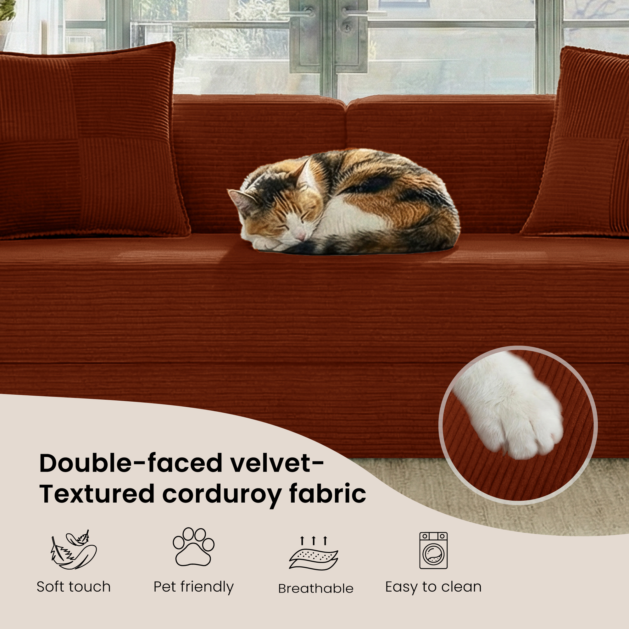 Belhome 78.8" Convertible Sofa Bed, Orange Corduroy photo 3