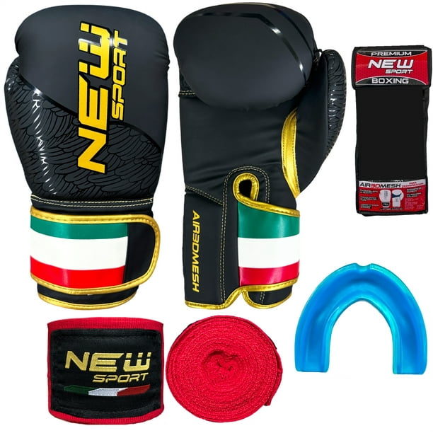 Guantes de Boxeo 16 Oz Onzas New Sport Kit con Vendas y Bucal Muay Thai Kick Boxing Mma Box con Malla Transpiracion Mod Tri
