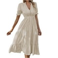 thumbnail image 1 of QUYUON Midi Dresses for Women Striped Print Ruffle Trim Button Front Dress Drawstring Tie Knot V-Neck Short Sleeve Pleated A-Line Flowy Long Dress Beach Sundress Style D-3580 Khaki S, 1 of 8