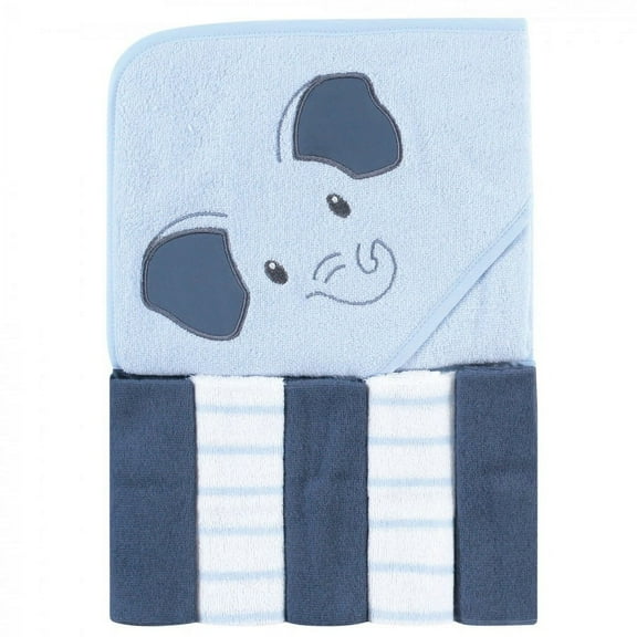 Hudson Baby Infant Boy Hooded Towel and Five Washcloths, Blue Elephant, One Size