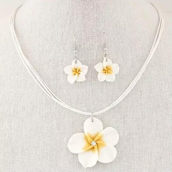 HOOUN Fashion White Hawaiian Plumeria Jewelry Set Necklace Earrings Women Gift New