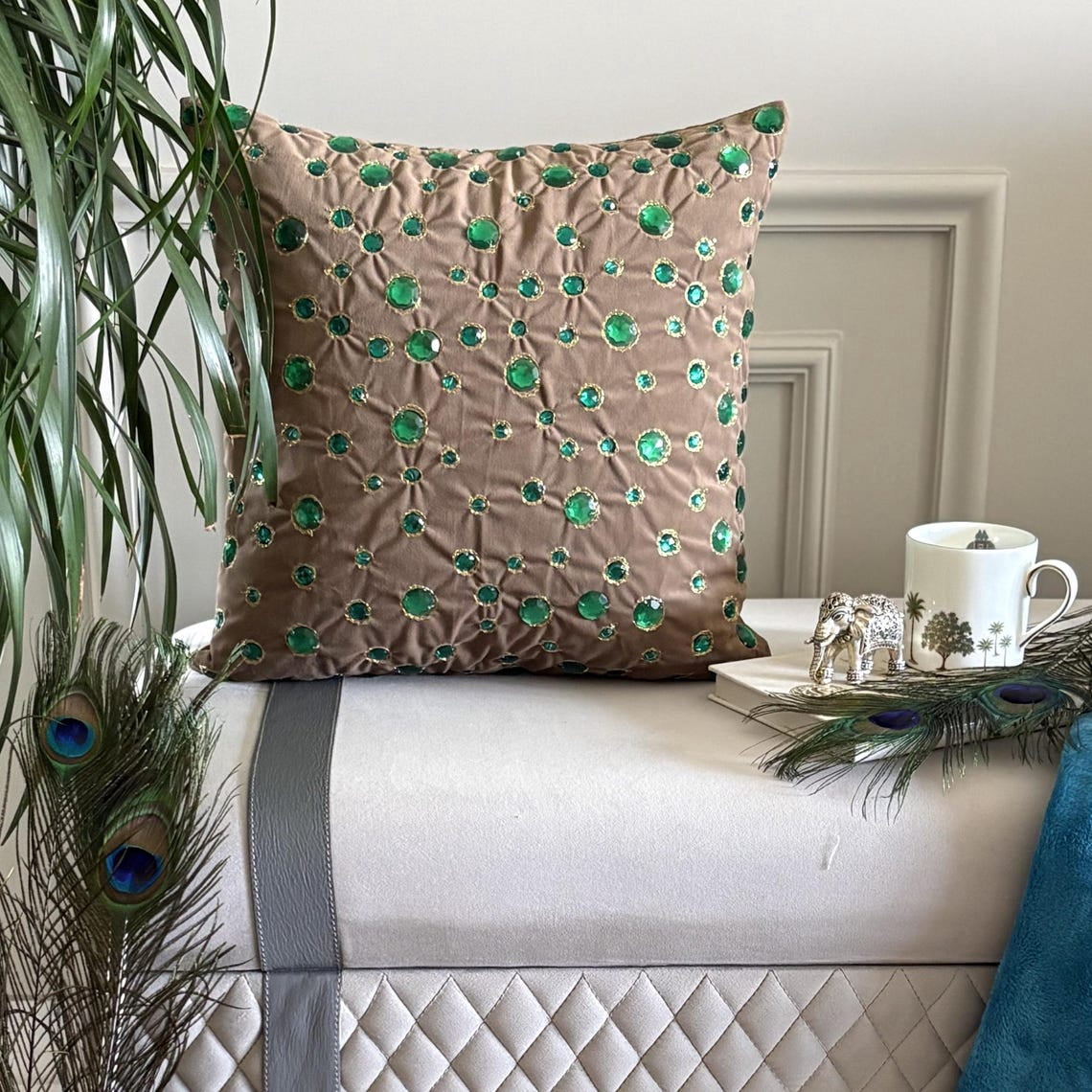 The HomeCentric Pillow Covers, Beige Accent Cover, Pack of 2, 16x16 inch (40x40 cm) Faux Leather & Suede PillowCase, Pillow Cover with Crystals, Abstract & Peacock, Circles & Dots - Green Gems