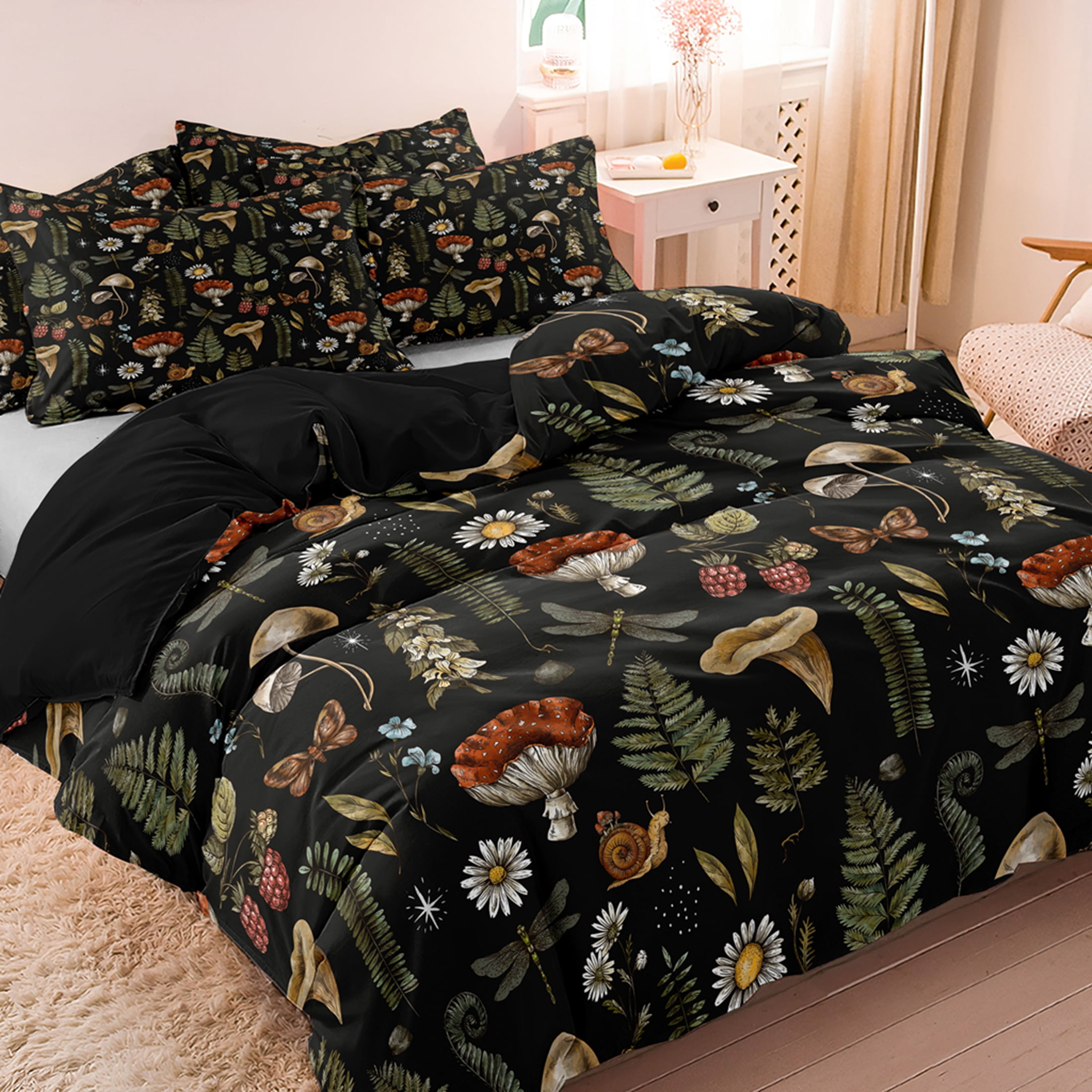 Orylavena Mushroom Forest Microfiber Duvet Cover Set, Black Back, Twin