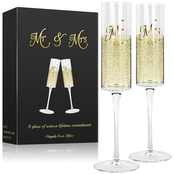 FOUNDLDF 2PCS Champagne Flutes，Mr & Mrs Wedding Champagne Flutes - 210ml Elegant Highball Glasses, For Engagement, Wedding, Christmas, Birthday Gifts
