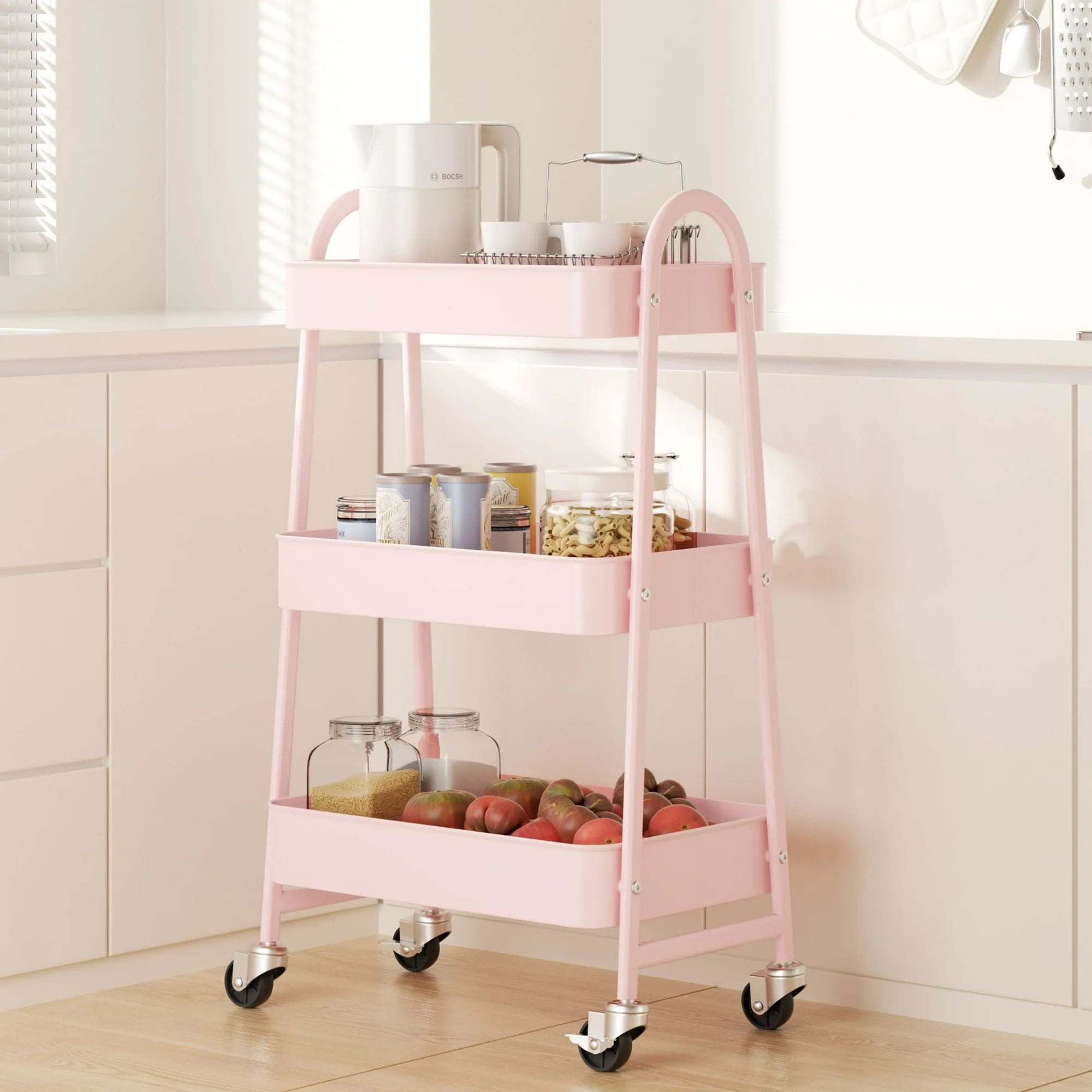 GIANNA 3 Tier Rolling Cart Organizer, Plastic Rolling Cart with Lockable Wheels & Reinforced Handle, Lightweight Utility Cart Storage Cart for Nursery, Kitchen, Bathroom, Craft Room