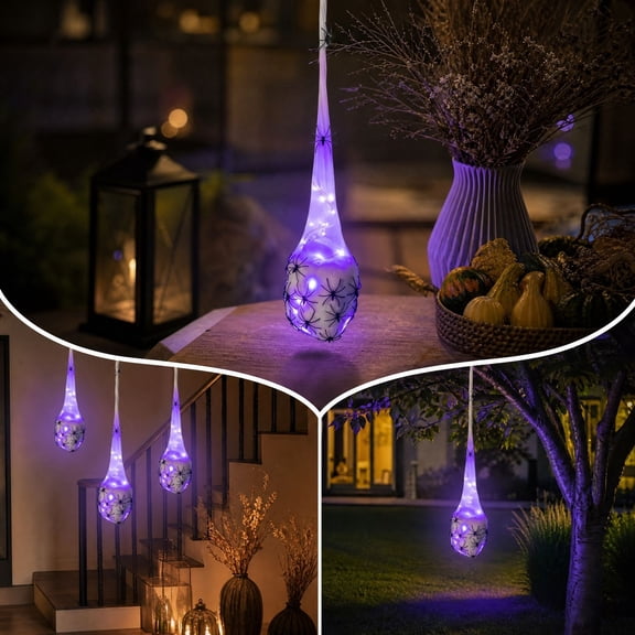 Halloween Spider Web, Purple LED Glow, Hanging Party Prop, Creates Spooky Ambiance and Illuminates Night Scenes for Doorway Frames, Porch Ceilings and Garden Trees.
