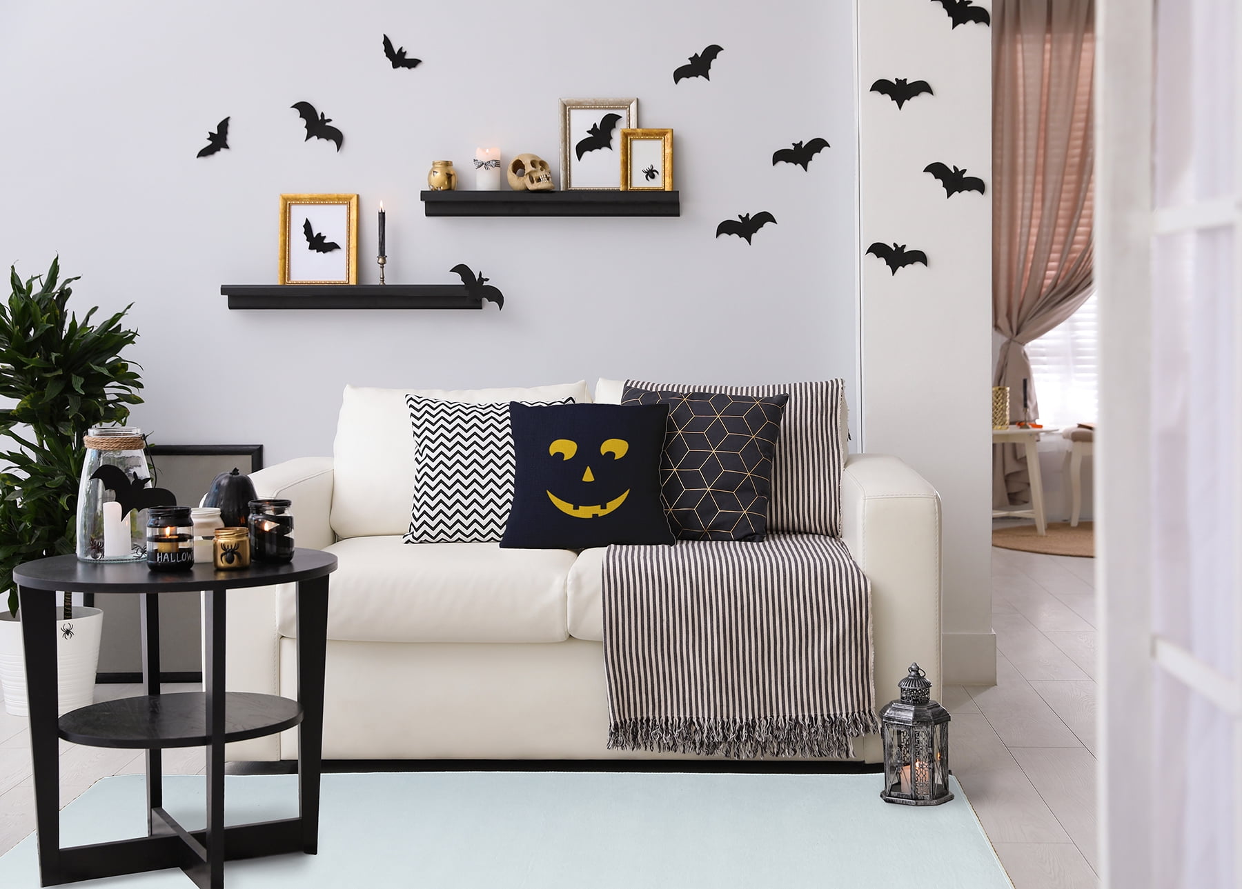 18" x 18" Simply Daisy Halloween JackoLanternRight Polyester Accent Pillow, Navy Qty 1