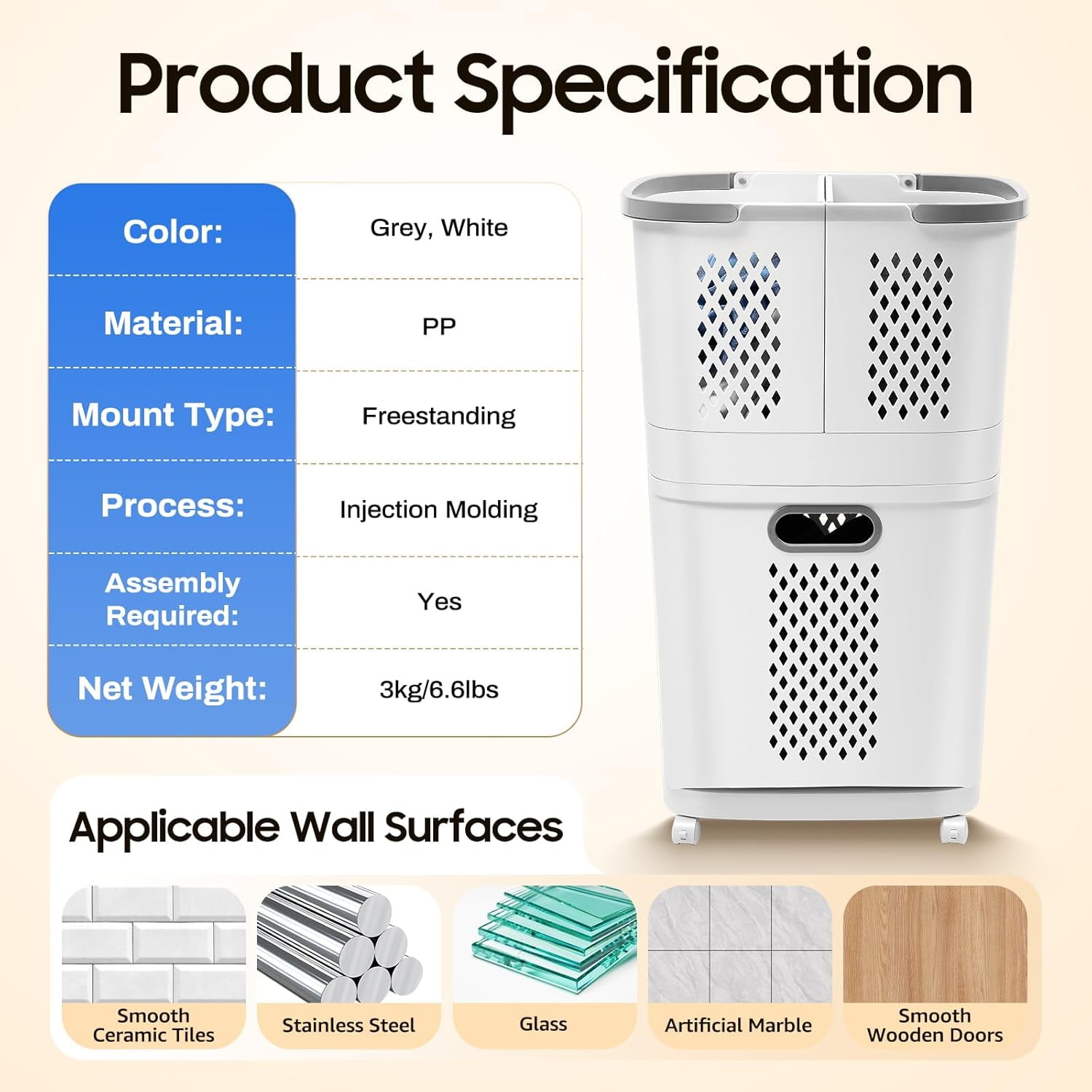 2 Tier Laundry Hamper Basket Sorter, Floor-Standing 360° Rolling Large Laundry Basket, Stackable Storage Bins Open Front, Dirty Clothes Hamper