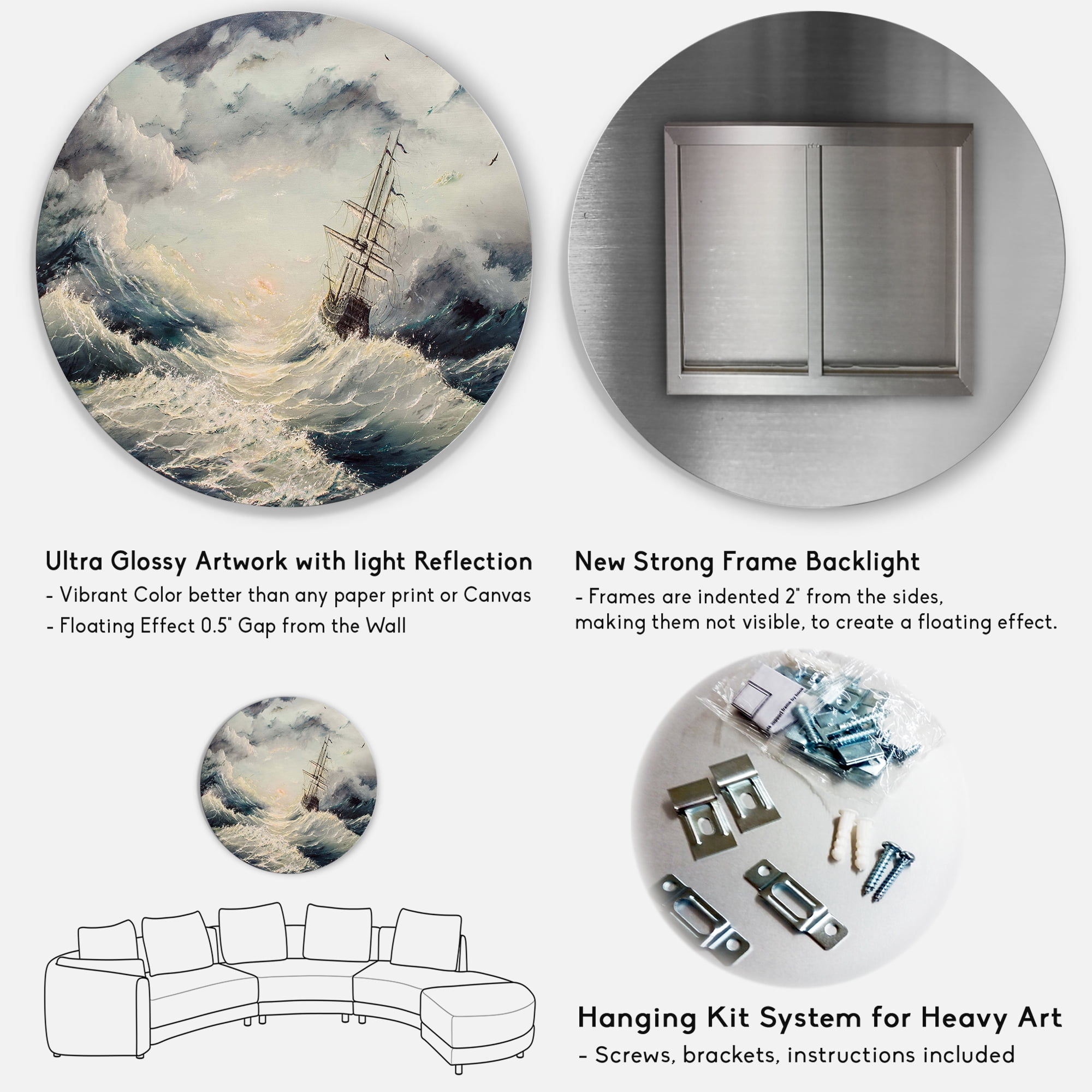 Designart 'Ship Struggles With The Sea Storm' Nautical & Coastal Circle Metal Wall Art 36x36 - Disc of 36
