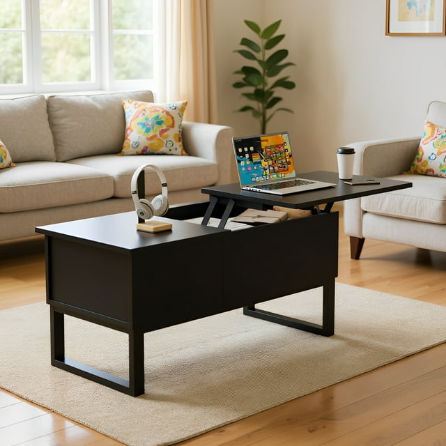 Strafriture Mesa de Centro para Sala con Elevación con cajones de Almacenamiento, 102x45x46cm Ideal como Mesa para Cafe o Mesa Auxiliar, Negra