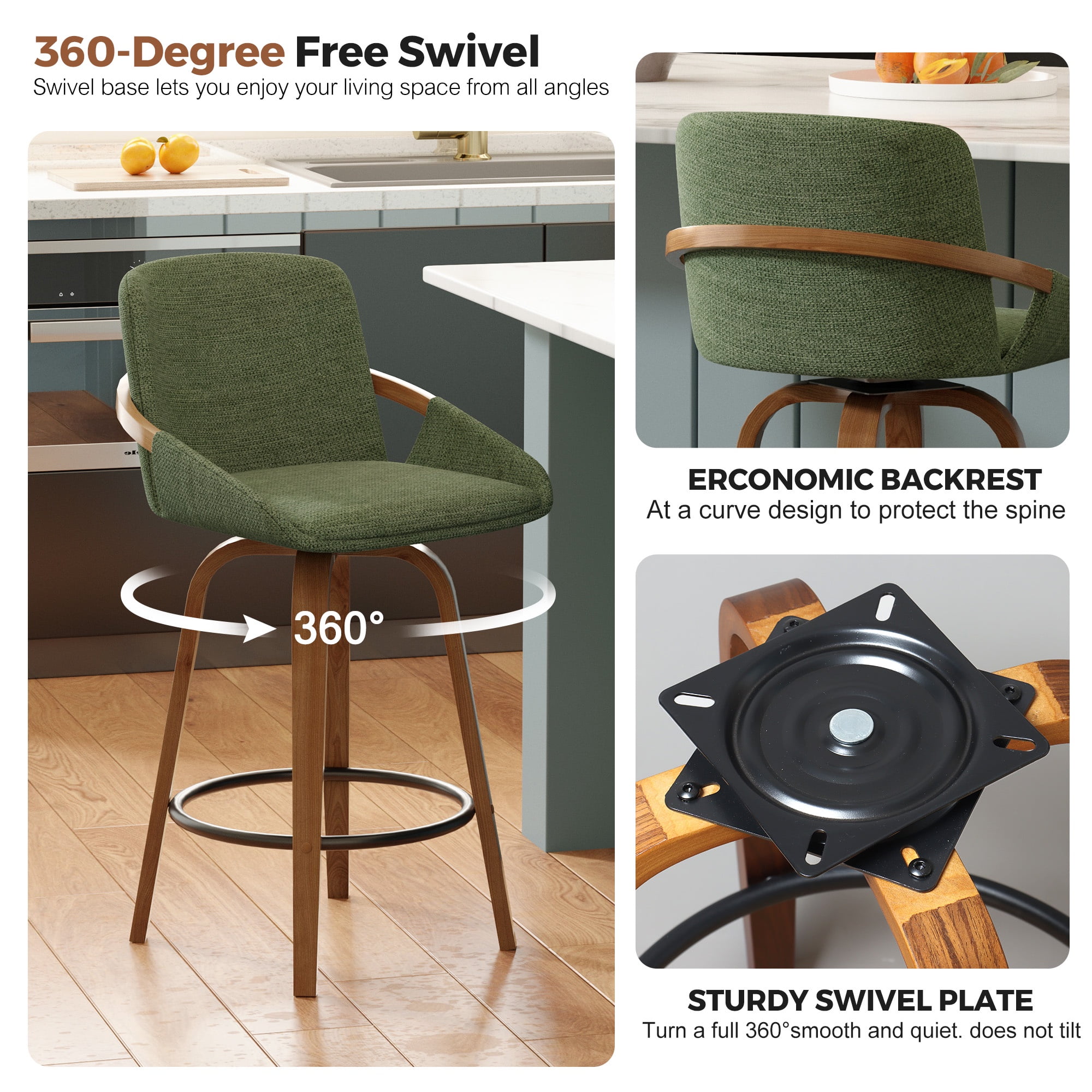 JULY'S SONG 26" Swivel Counter Height Bar Stools with Back Sets of 2, Mid Century Barstools with Wooden Legs, Green