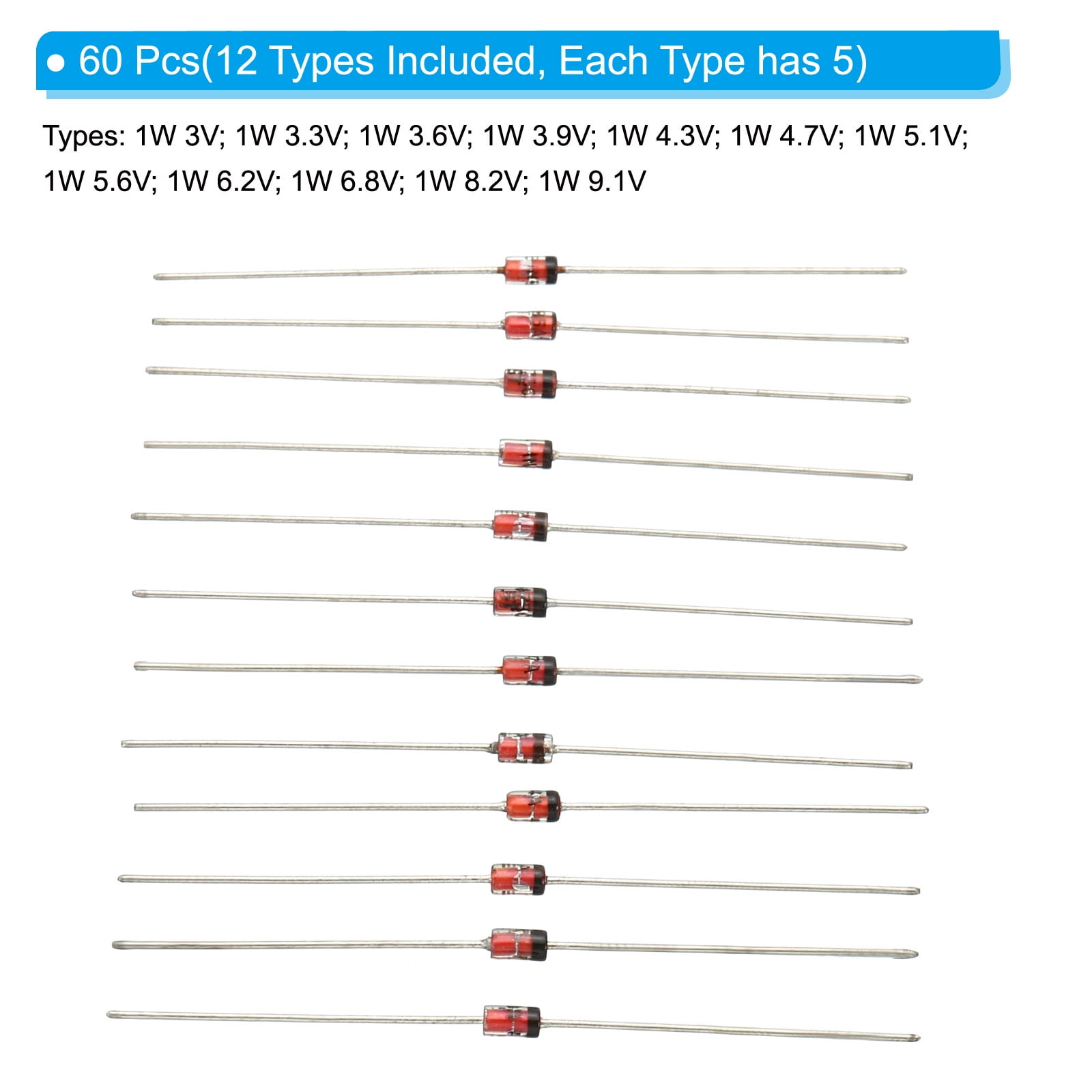 Unique Bargains Zener Diode Assorted Kit, 60pcs 12 Values