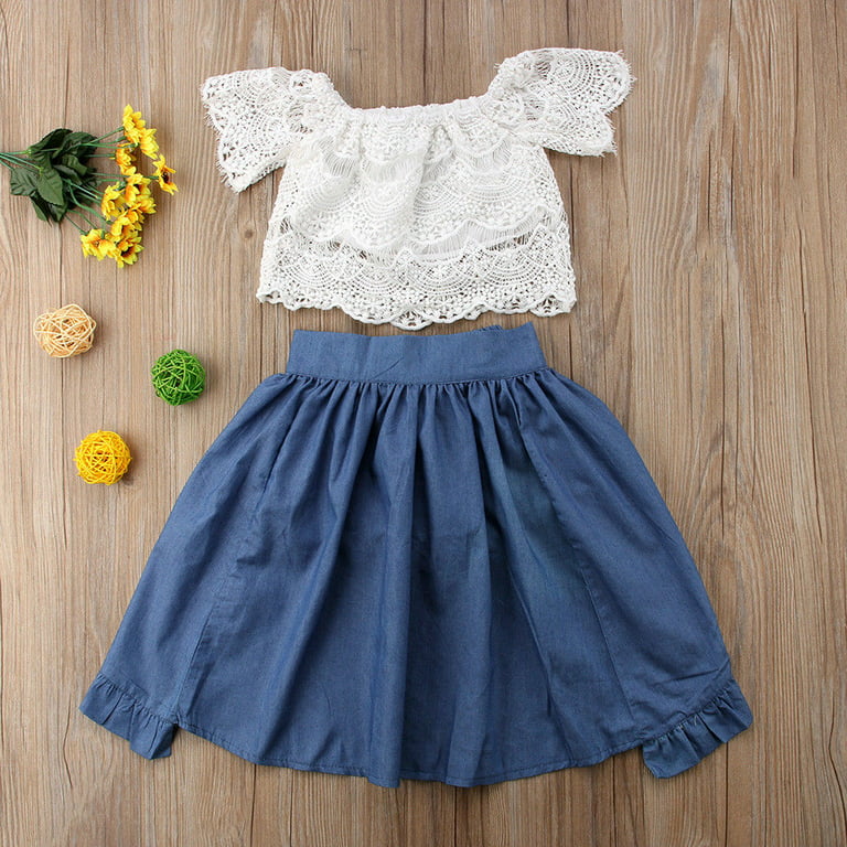 Toddler Kids Baby Girl Lace Off-shoulder T-shirt Tops Pants Dress Party Clothes  Outfit Blue 3-4 Years 