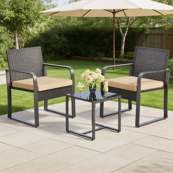 Aiho 3 Pieces Outdoor Bistro Set with Glass Table, Patio Rattan Furniture Set with Soft Cushions for Balcony, Backyard, Garden, Pool,  Beige