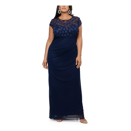 

XSCAPE Womens Navy Sequined Zippered Sheer Cap Sleeve Scoop Neck Full-Length Evening Gown Dress Plus 22W