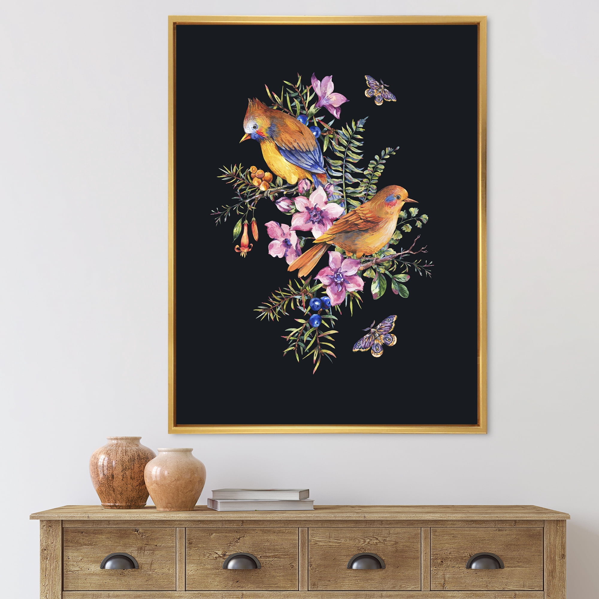 Designart 'Little Bird Sitting On Colourful Bouquet Of Wildflowers II' Traditional Framed Canvas Wall Art Print