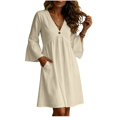 thumbnail image 5 of DuoJiaJ Womens Casual Dress, V Neck Long Sleeve Loose Fit Dresses Beige S-2XL, 5 of 7