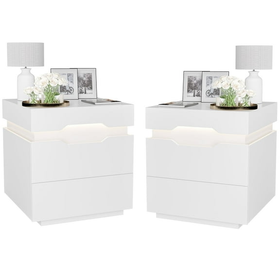 Homall LED Lighted Nightstand Set of 2 with 2 Drawers & Power Outlet, End Table with Remote for Bedroom Living Room, White