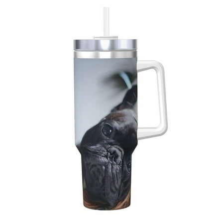 

French BullDogs Mall Black Dogs Pets 40oz Car Insulated Cups Ice Bully Cup with Handle Double Stainless Steel Vacuum Tumblers Water Bottle with Lid and Straw