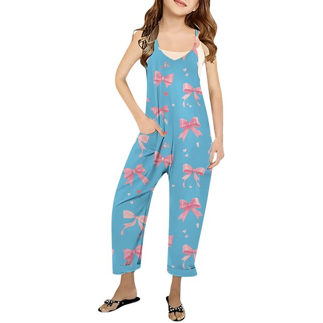 Girls Jumpsuit Bow Print Rompers for Girls Sleeveless Rompers with Pockets Girl Clothes 13-14 Y