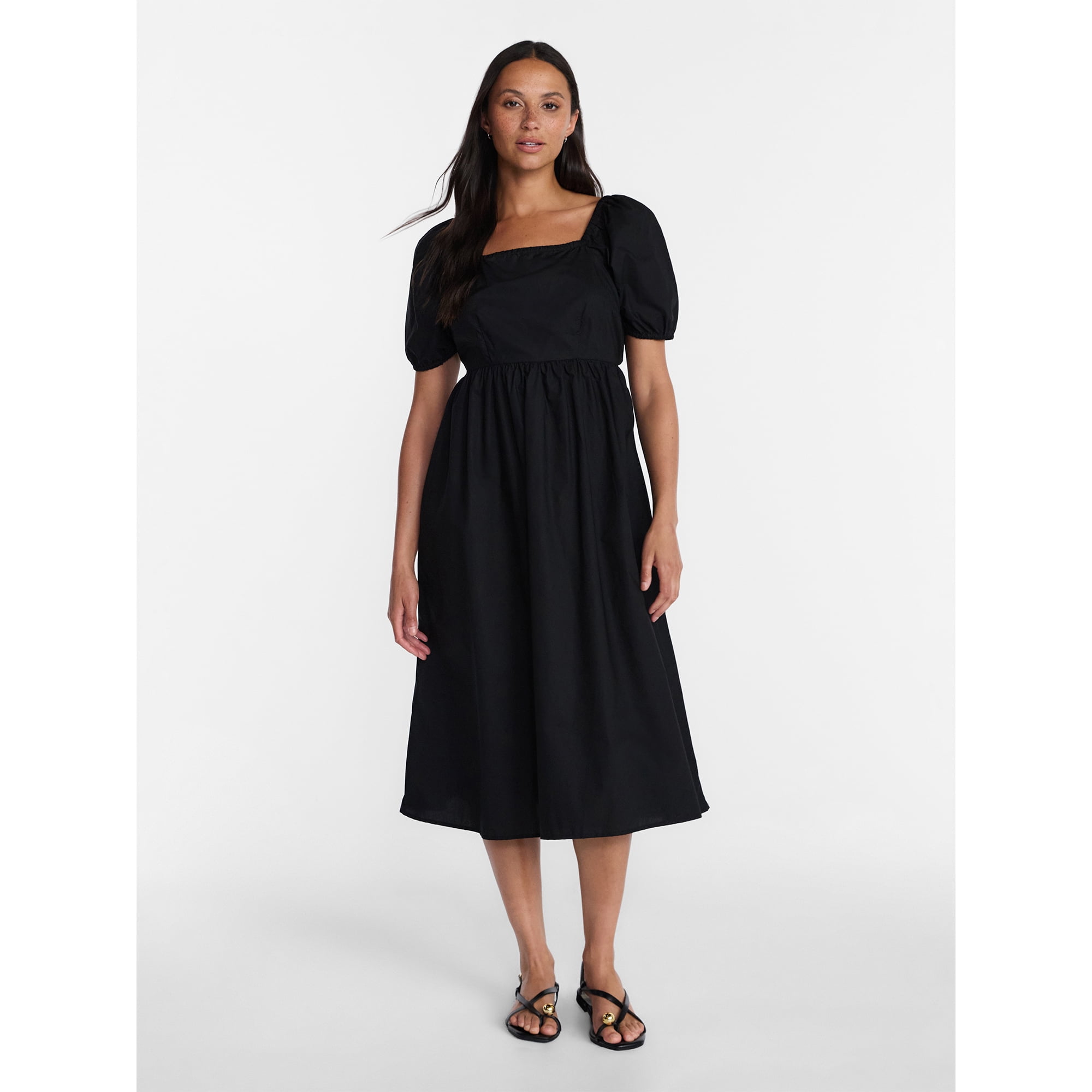 Time and Tru Women's and Women's Plus Cotton Back Tie Midi Dress with Short Puff Sleeves, Sizes XS-4X