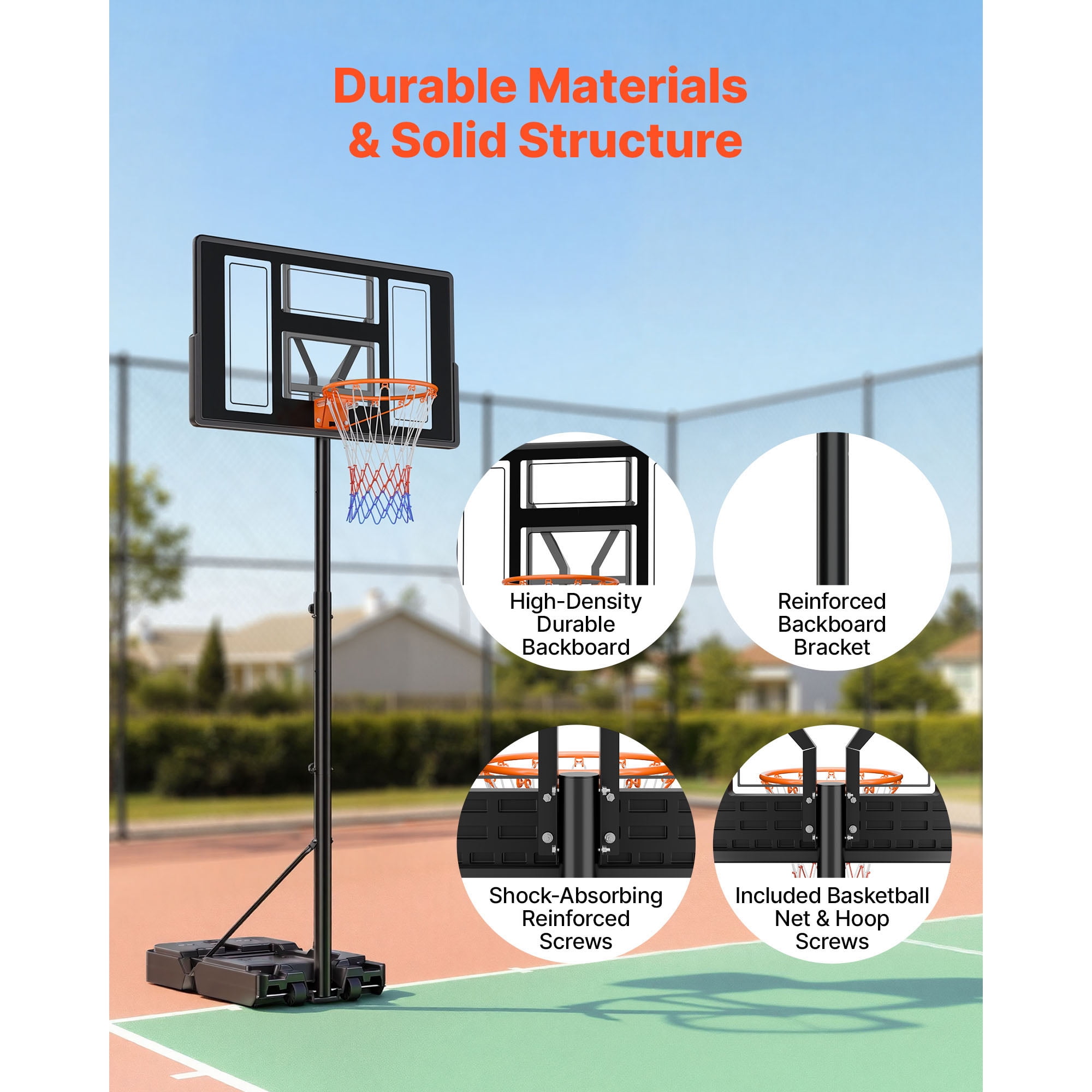 KFFKFF Portable Basketball Hoop System, Adjustable Height from 4.4 ft to 10 ft, Basketball Stand with Rolling Wheels for Driveways, Pools, Suitable for Kids, Teens, and Adults