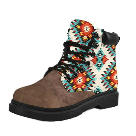 

Rdeuod Womans Shoes Women Retro Vintage Printing Chunky Heel Boots Lace-Up Splice Color