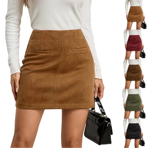 Sevevn Women's High Waist Faux Suede Bodycon A-Line Short Mini Skirt Khaki L
