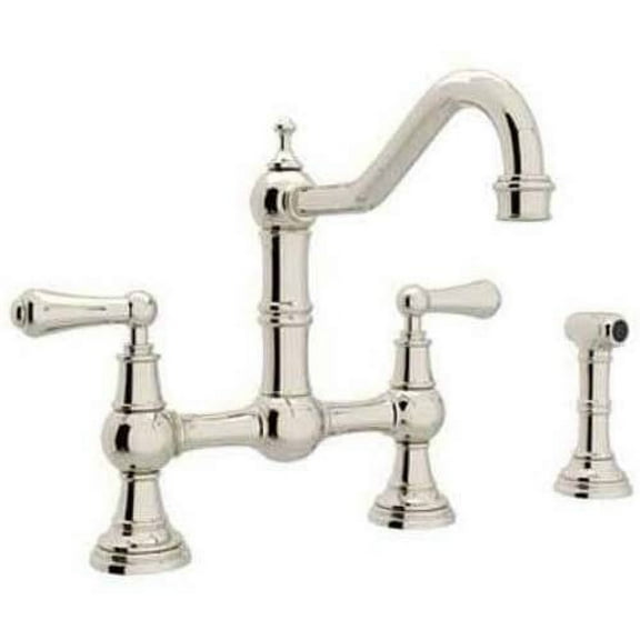 Perrin & Rowe Edwardian Era Lever Handle Bridge Kitchen Faucet With Sidespray Rinse In Polished Nickel With 9" Reach Spout