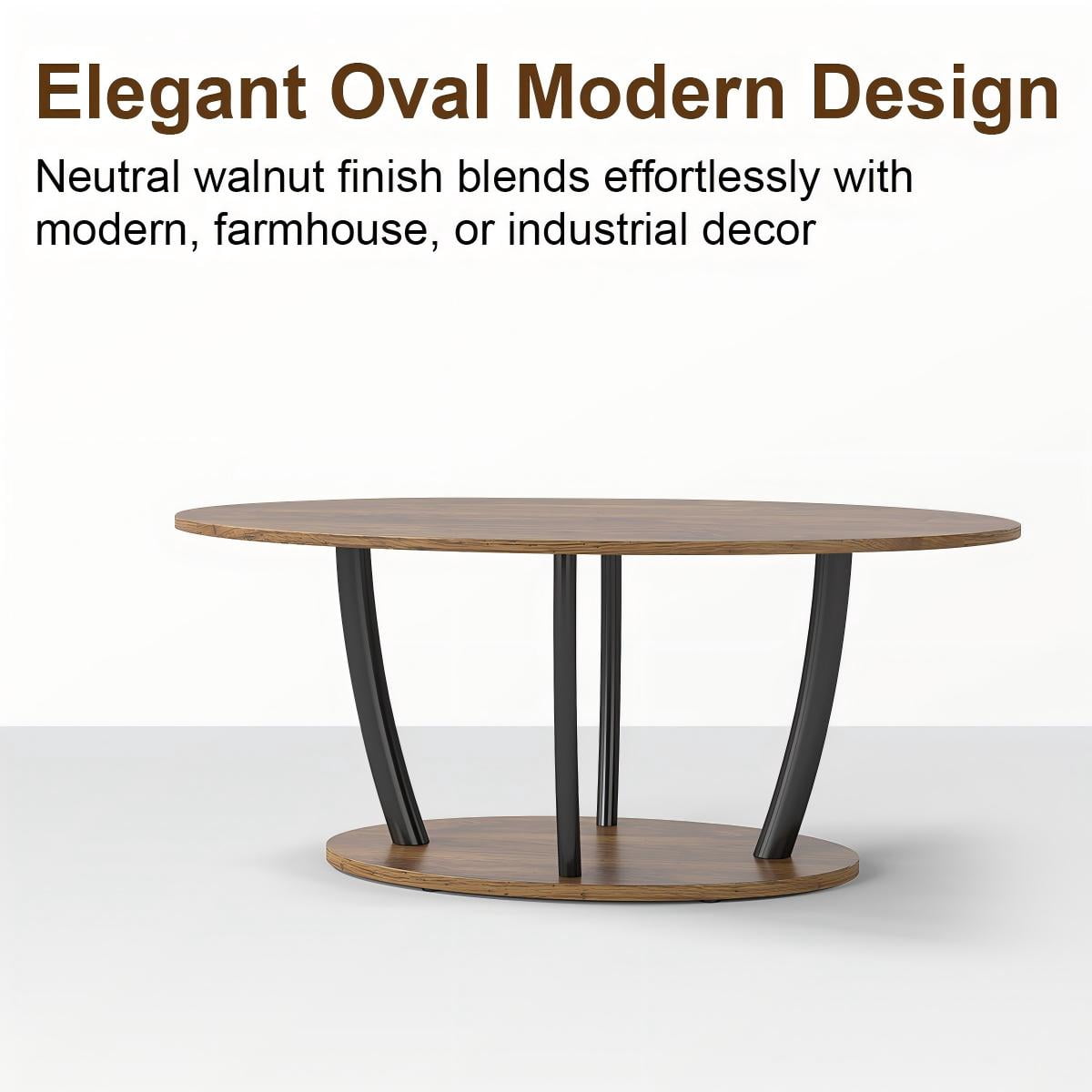 Manora 2-Tier Oval Coffee Table with Storage Shelf for Living Room Bedroom, Red Oak Wood Grain and Black Metal
