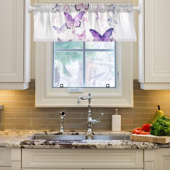 Butterflies Flowers Floral Curtain Valances Farmhouse Design Window Treatment Decor Blackout Rod Pocket for Windows Living Room Kitchen 54" x 18"