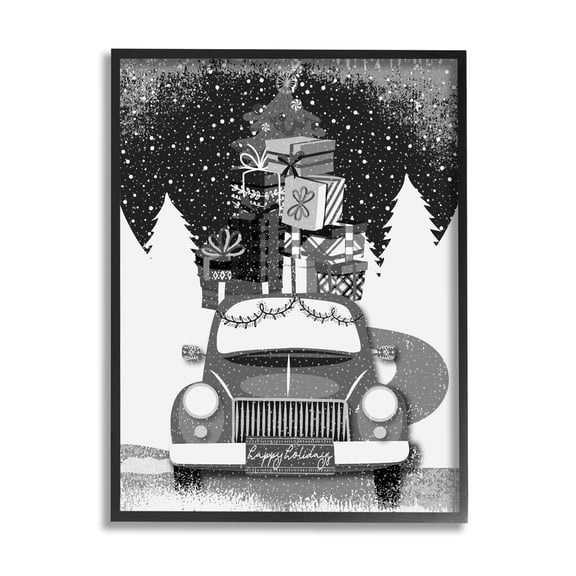 Stupell Industries Happy Holidays Gifts Car Graphic Art Black Framed Art Print Wall Art, Design by Andrea Jasid Grassi