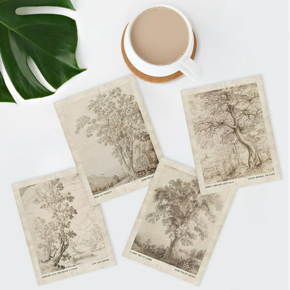 PixonSign Adhesive Canvas Poster Retro Wall Art, Sketch Antique Tree Vintage Landscape Prints, Set of 4 Nature Wilderness Paintings, Minimalism Wall Décor for Home Decor - 12"x16"