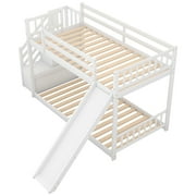 EUROCO Wood Twin over Twin Bunk Bed with Slide and Staircase, Low Profile Bunk Bed with Storage for Kids Teens