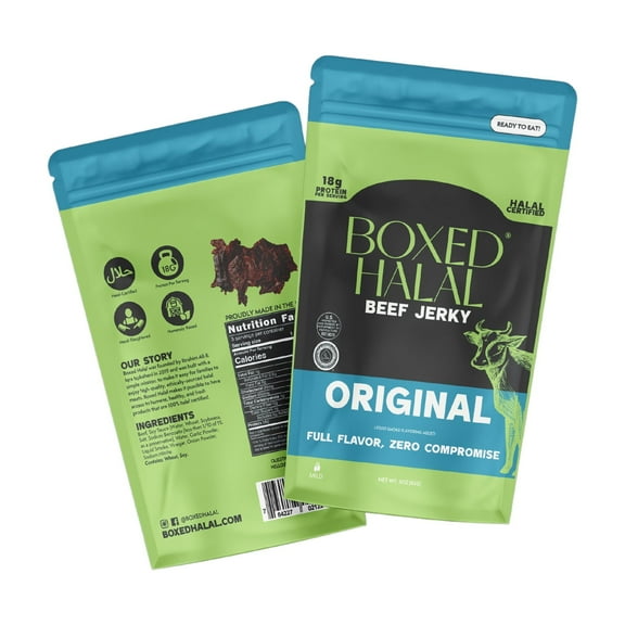 BOXED HALAL Premium 100% Grass-Fed Original Beef Jerky Strips, 13g Protein, , HFSAA Certified Halal, Keto Friendly Snack, 3 Oz. Bags (3 Pack)