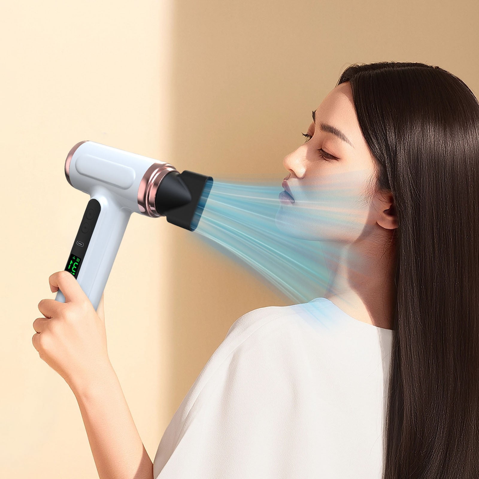 Wireless hair dryer, can be charged via USB, battery-powered cold/heat wind hair dryer, suitable for outdoor travel and camping (white)