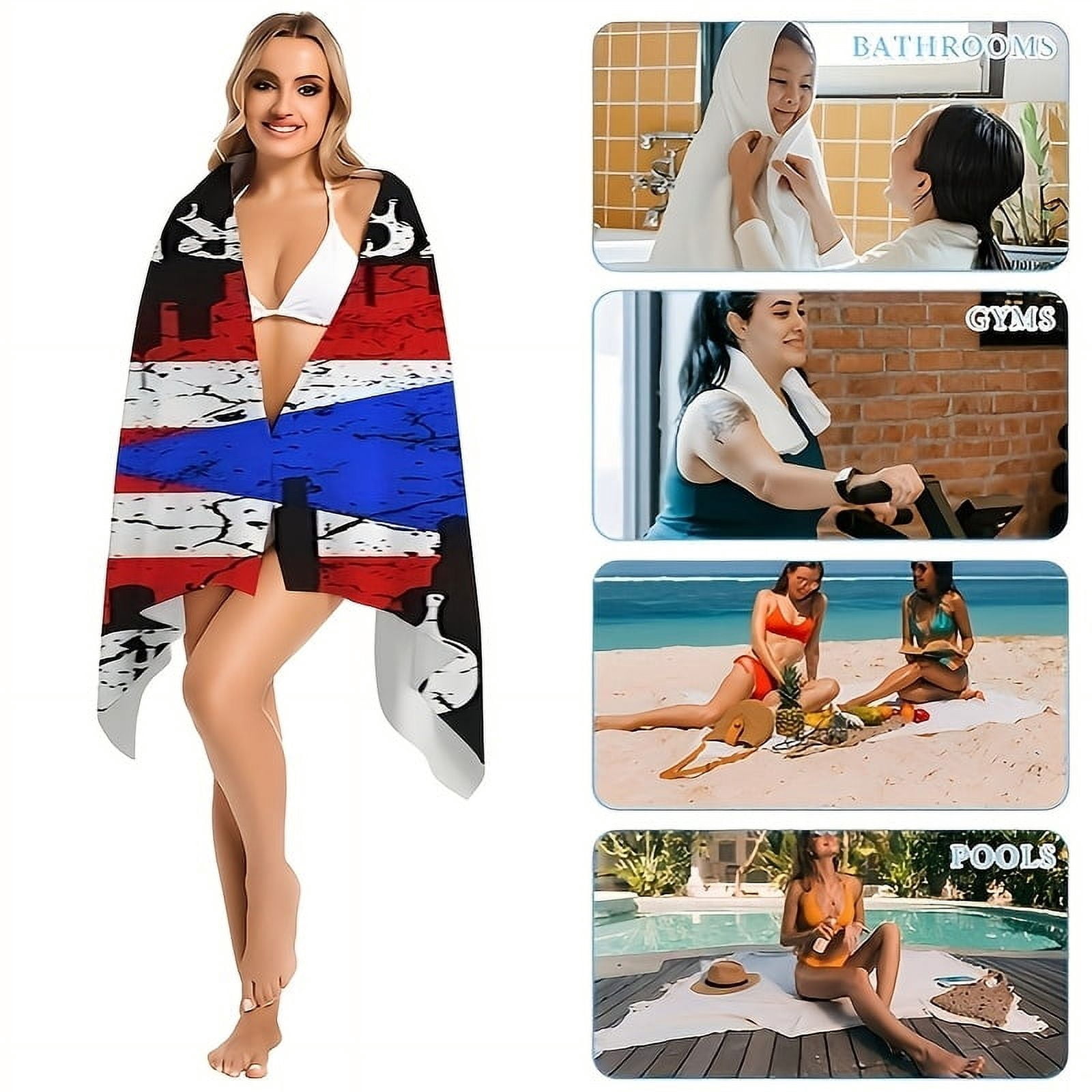 Puerto Rican Flag Beach Towel, Quick-Dry Polyester Blend, Modern Style, Super Absorbent, Machine Washable Knit Fabric, Oblong Shape, Ideal for Beach, Swimming, Outdoor Camping, Holiday Gift
