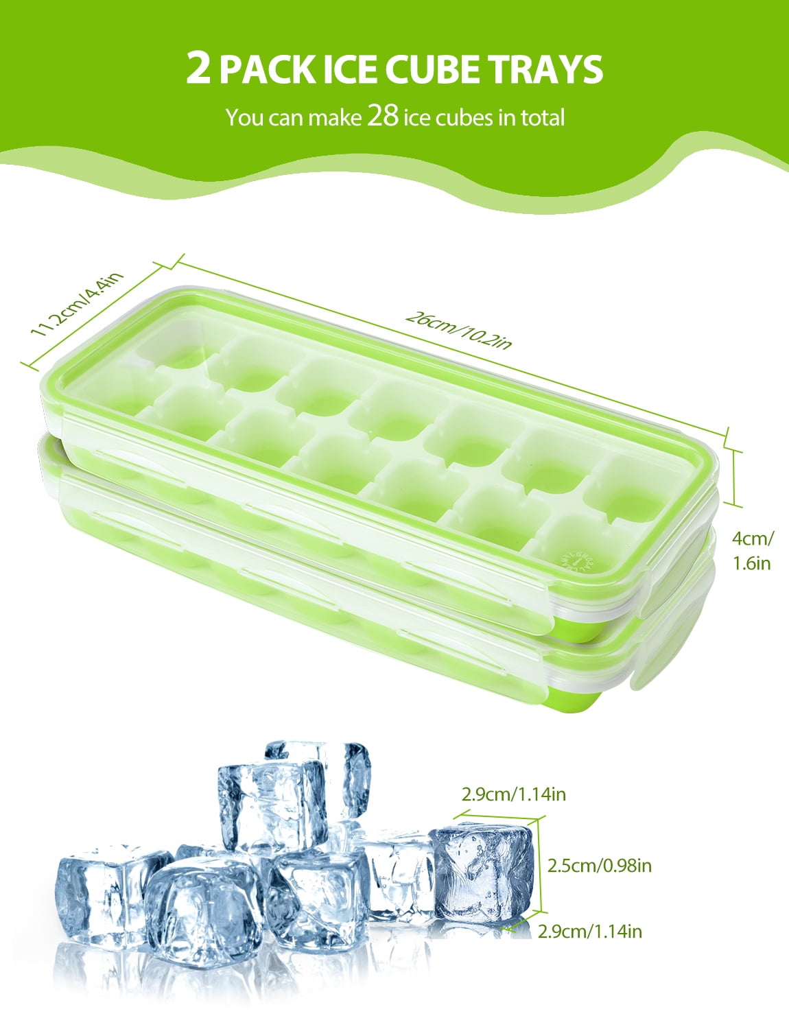 iKich Ice Cube Trays, 2 Pack, Ice Cube Molds with Lid, Easy Release  BPA-free Stackable Ice Molds for Whiskey Cocktail Baby Food, Makes 14 Ice  Cubes per Tray, Green and White 