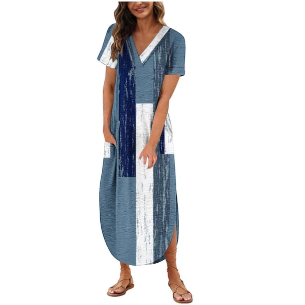 Vestido de Manga Corta para las Mujeres, Vestido Casual de Cuello en V de Bolsillo de Impresión de Moda Sexy Hecho de Poliéster Ligero para el Verano, Vestido de Verano para las Mujeres