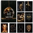thumbnail image 2 of Estatua de calavera de Metal abstracto, impresiones doradas en lienzo, carteles, pintura, imágenes artísticas de pared para sala de estar, decoración del hogar, sin marco, 2 of 4