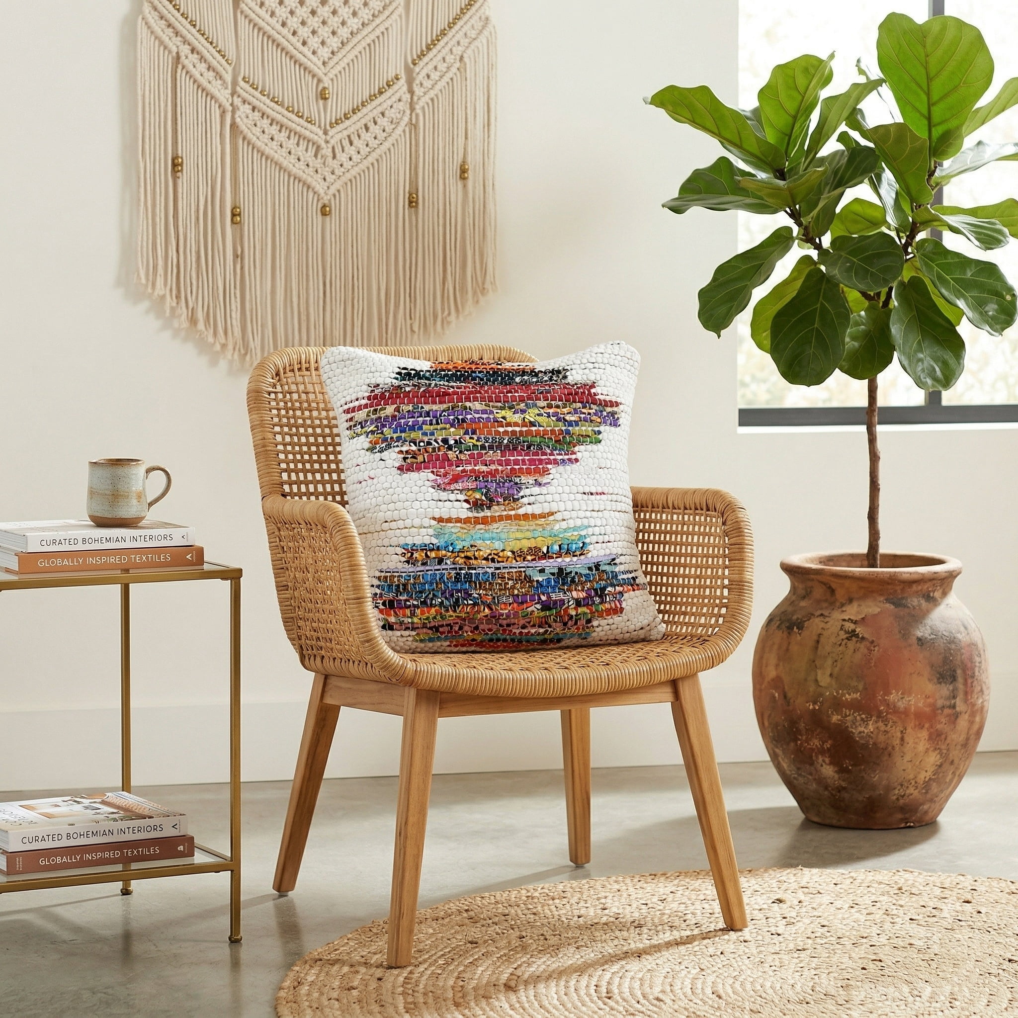 Ox Bay 20" x 20" Hand-Woven White/ Multicolored Geometric Organic Cotton Pillow Cover
