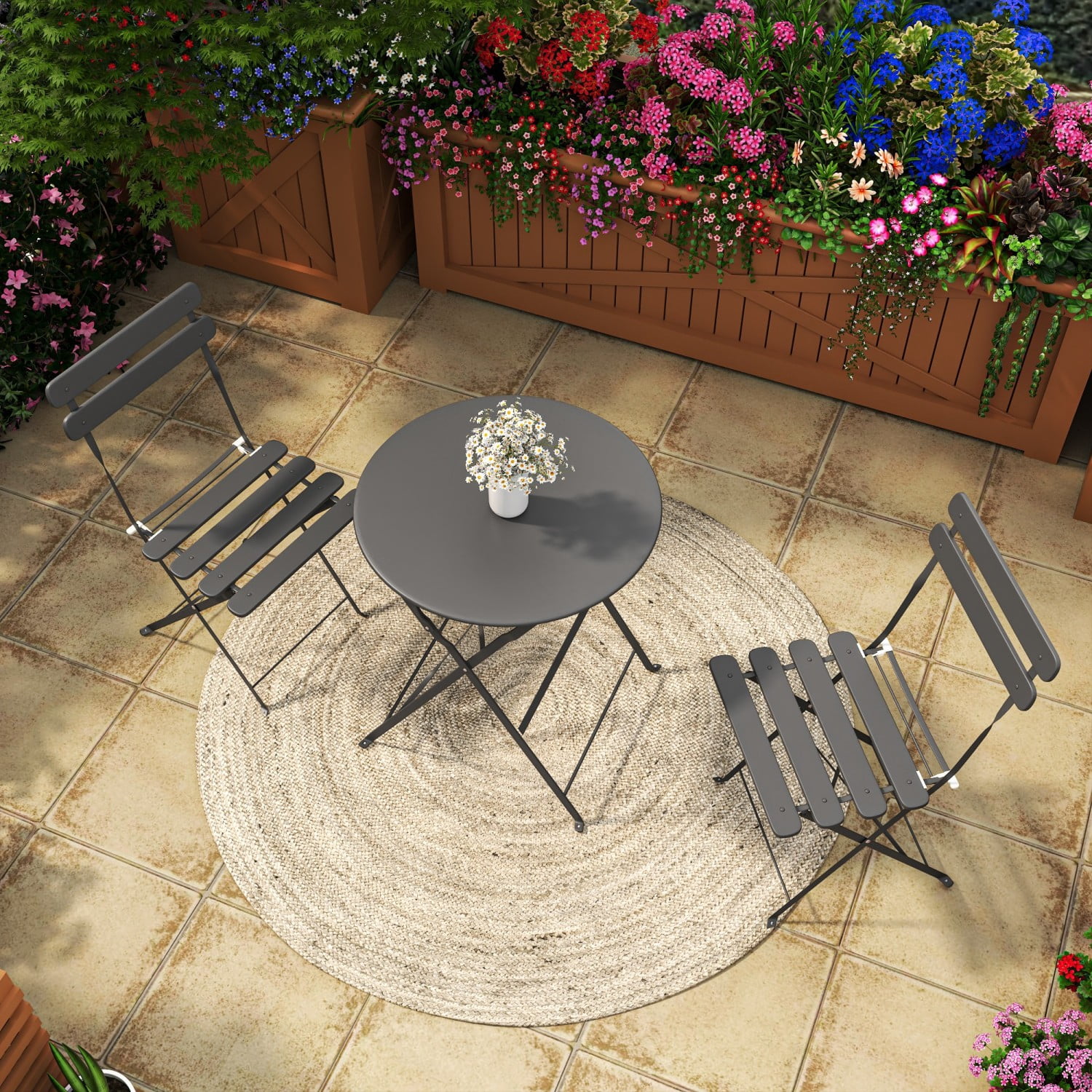 Bistro Table and Chairs Set for 2, 3 Piece Outdoor Patio Bistro Set with Folding Table and 2 Cushioned Chairs, Rust-Resistant Frame, Gray